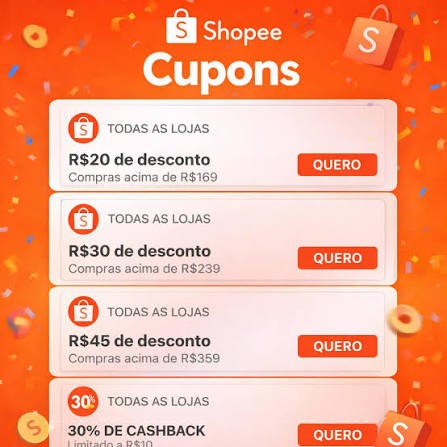 Cupons Shopee com cashback em moedas e descontos de até 30 por cento